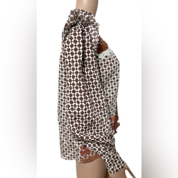 MINE Boho Blouse Women’s Size M Puff Sleeve Victorian Lace Trim Floral P… - Picture 5 of 10